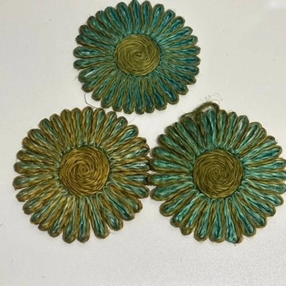 Set of 3 Handmade Woven Flower Coasters Teal Gold Rustic